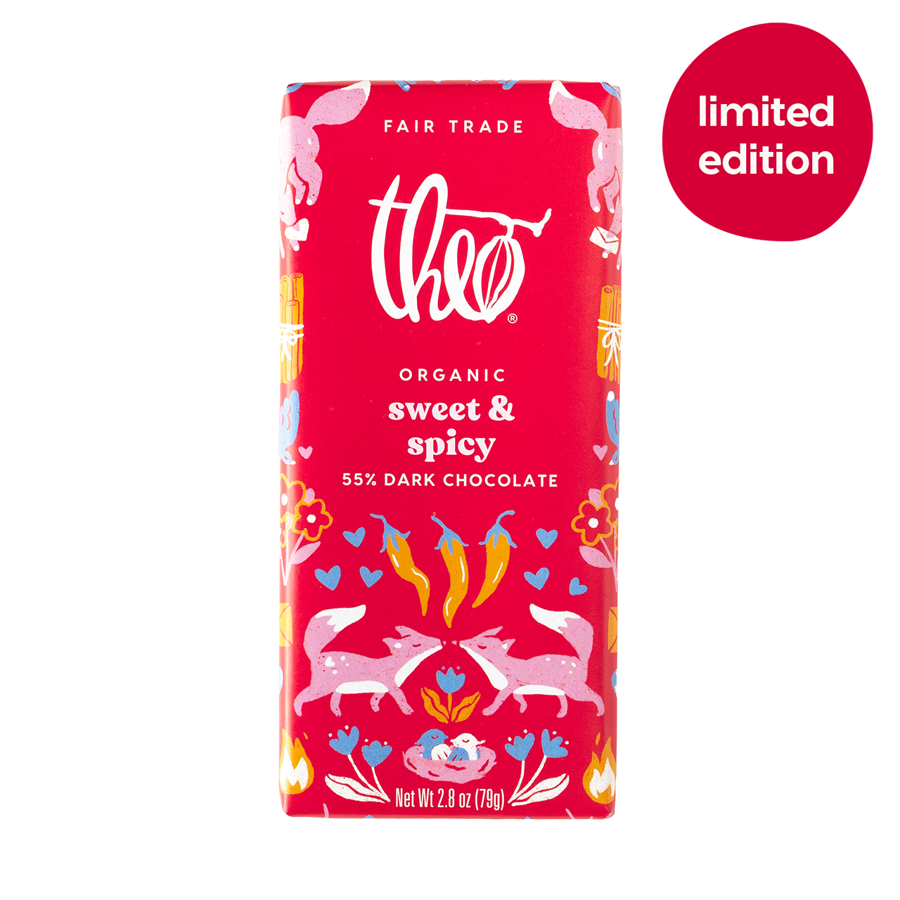 Limited Edition Theo organic sweet & spicy dark chocolate bar packaging
