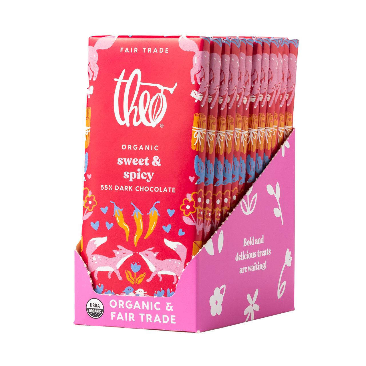 Box of 12 Theo Organic sweet &amp; spicy 55% dark chocolate bars on a white background