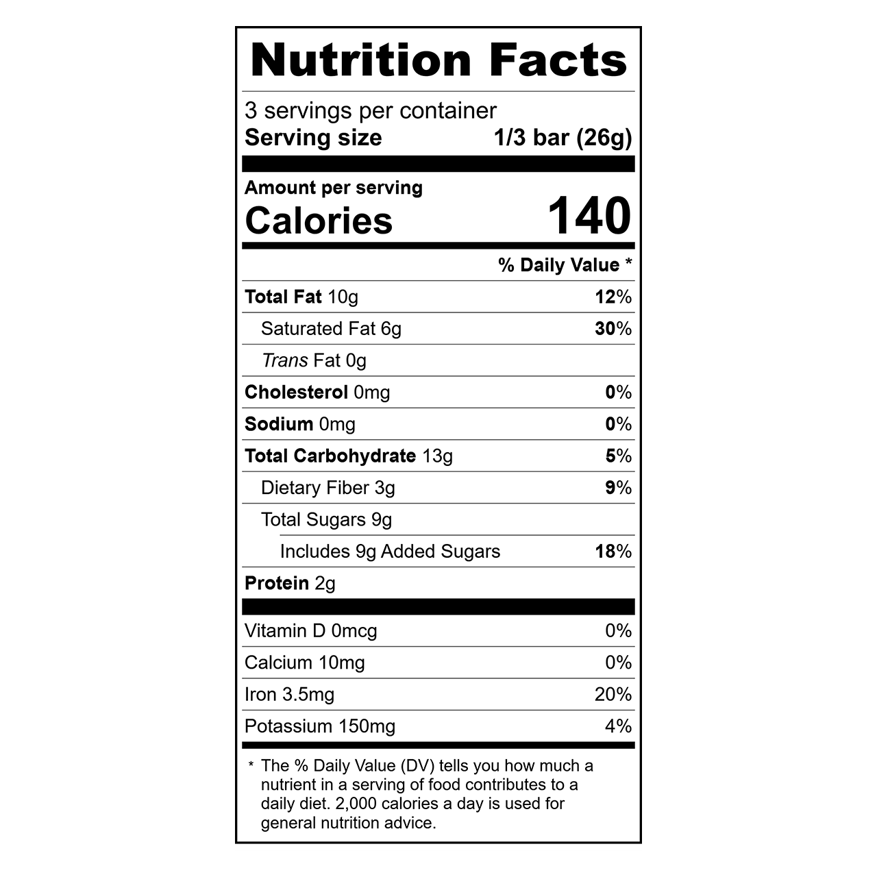 Nutrition facts label for a Theo Organic Peppermint Crunch 70% Dark Chocolate bar 