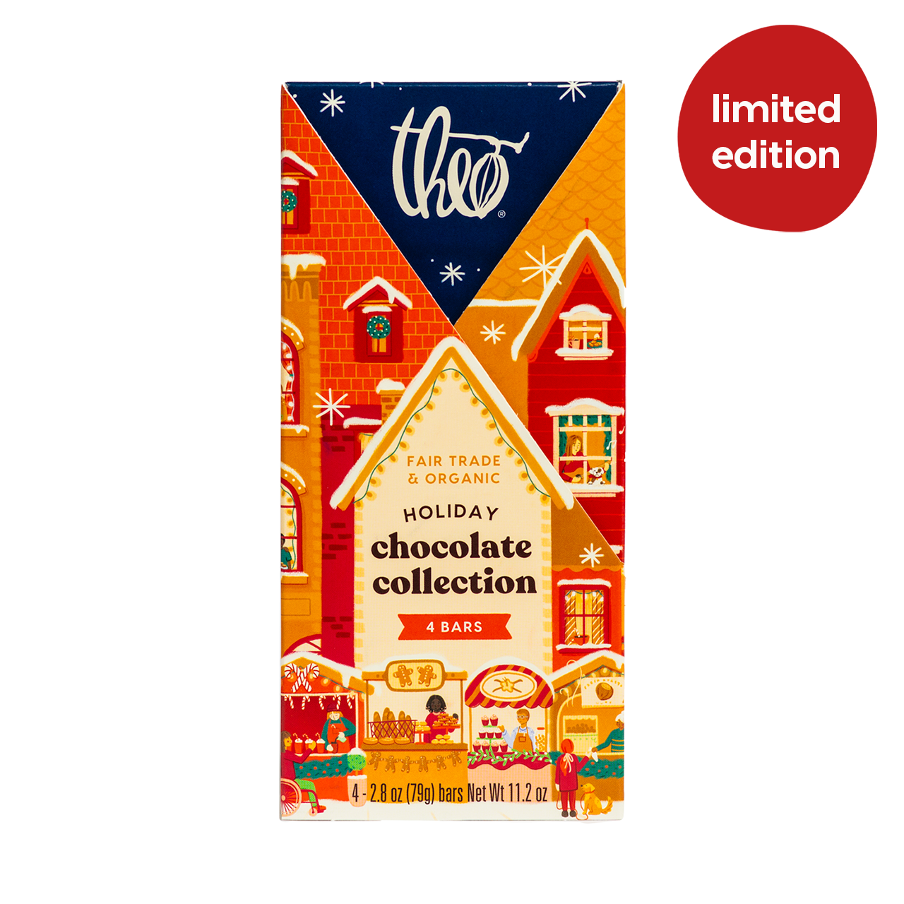 Theo Holiday Chocolate Collection packaging with festive design and &