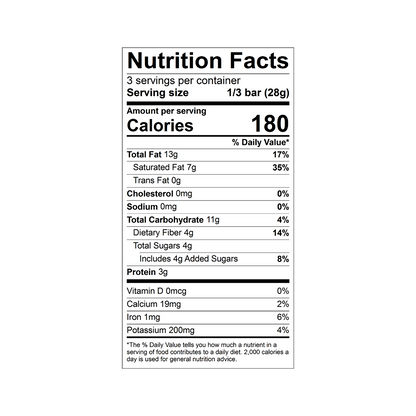 Nutrition facts label for a Theo organic pure dark 85% chocolate bar 