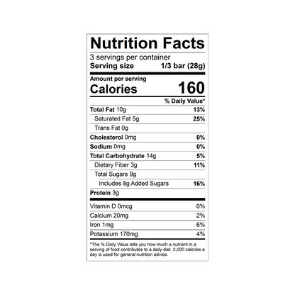 Nutrition facts label for Theo Organic Cherry Almond 70% Dark Chocolate bar