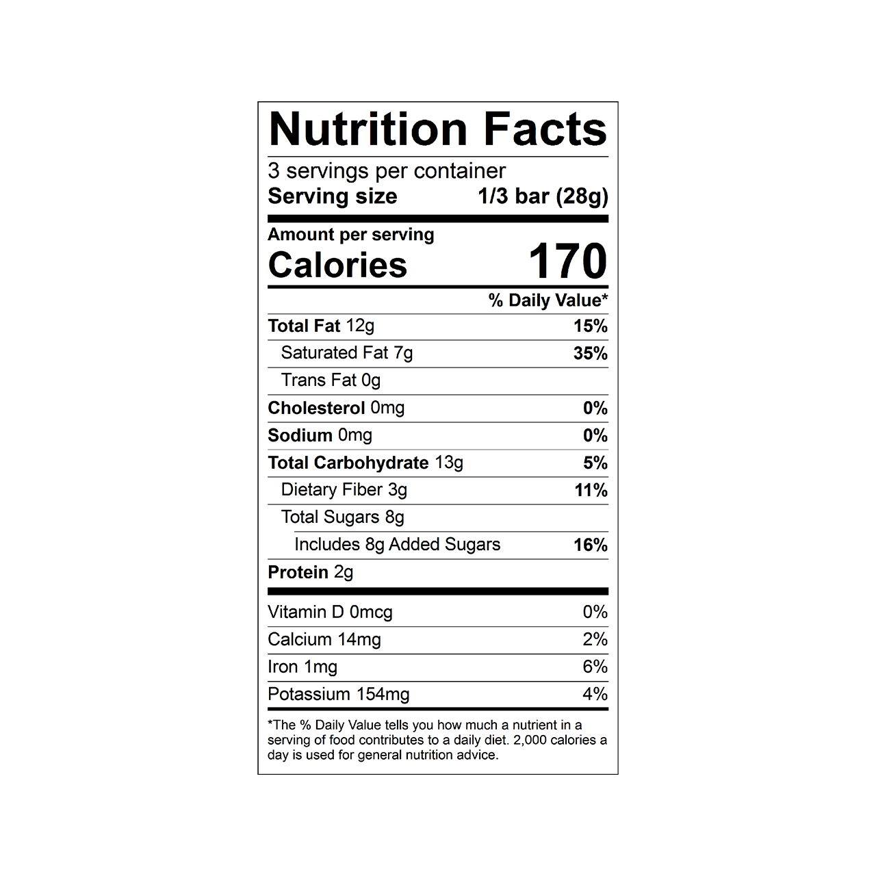 Nutrition facts label for a Theo Organic Coconut 70% Dark Chocolate bar 