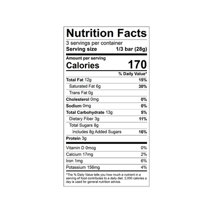 Nutrition facts label for a Theo Organic Coconut Almond 70% Dark Chocolate Bar